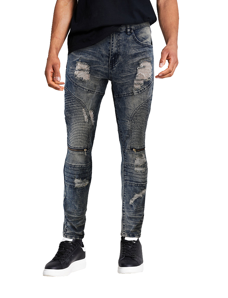 Men's Muscle Fit Distressed Moto Quilt Zipper Super Skinny Stretch Denim Jeans (DXZ-80-VN/SS-Blue, 30x30) - image 1 of 3