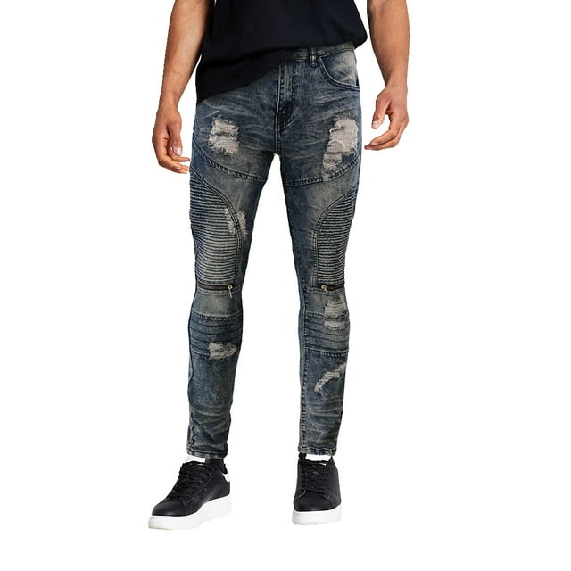 Men's Muscle Fit Distressed Moto Quilt Zipper Super Skinny Stretch Denim Jeans (DXZ-80-VN/SS-Blue, 30x30)