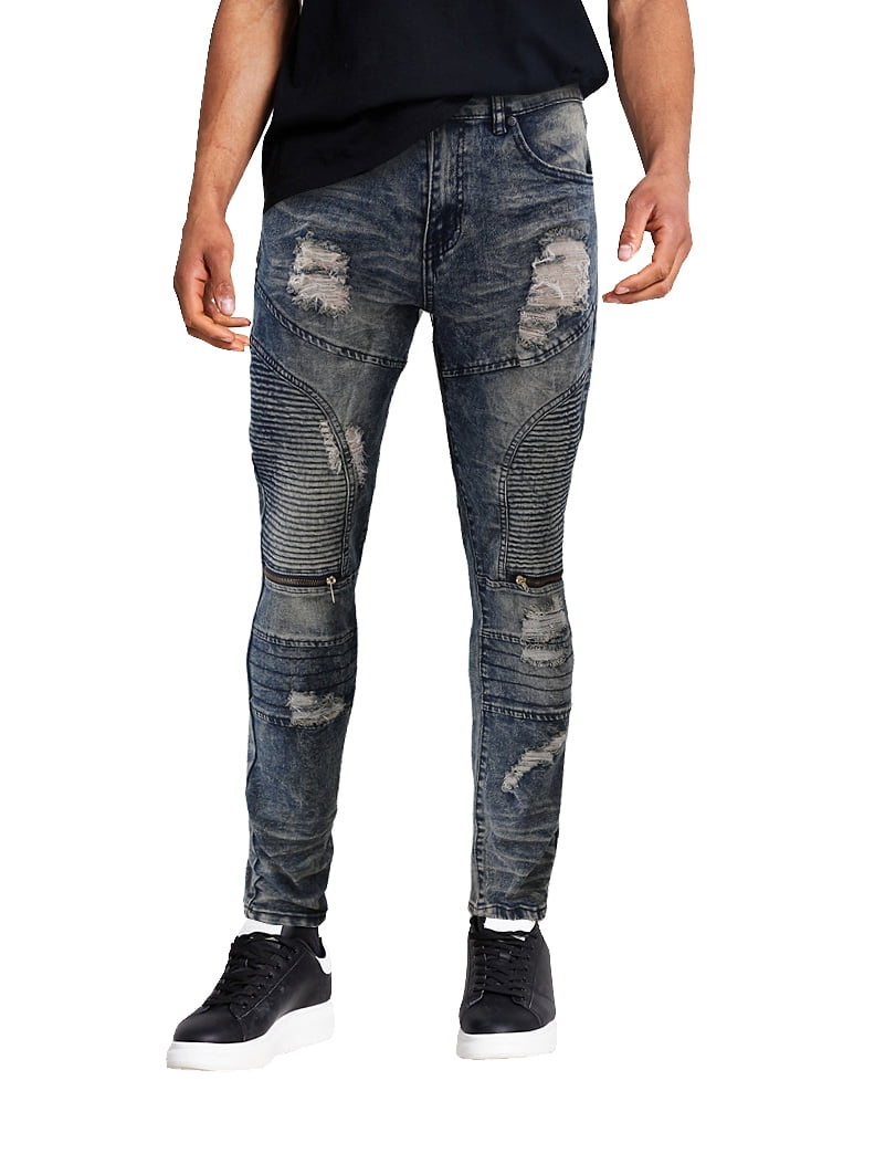 Men's Muscle Fit Distressed Moto Quilt Zipper Super Skinny Stretch