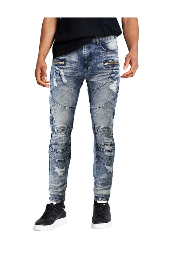 Men's Muscle Fit Distressed Moto Quilt Zipper Super Skinny Stretch Denim Jeans (MTD-80-MB/SS-Medium Blue, 30x30)