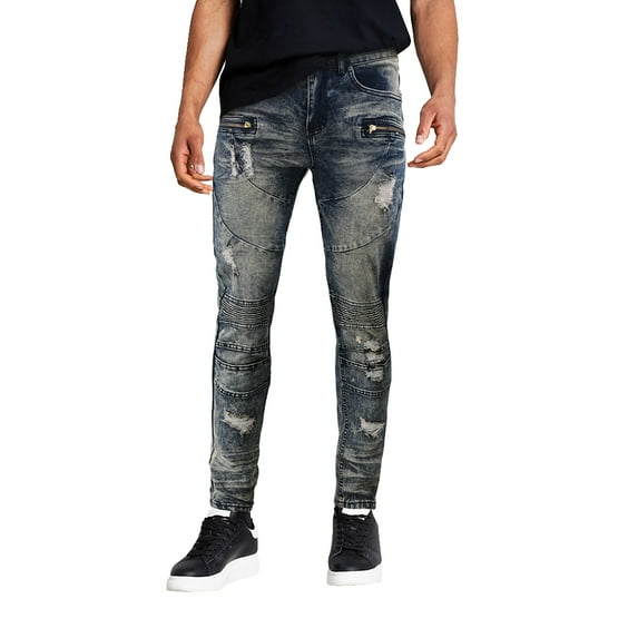 Men's Muscle Fit Distressed Moto Quilt Zipper Super Skinny Stretch Denim Jeans (MTD-80-VN/SS-Vintage Blue, 34x30)