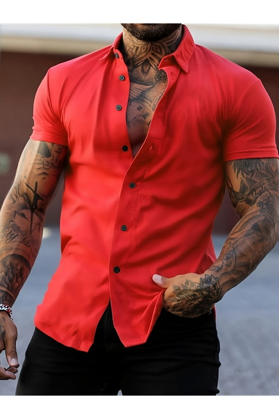 Men’s Muscle Fit Dress Shirts Athletic Slim Fit Short Sleeve Stretch Casual Button Down Shirt Red L