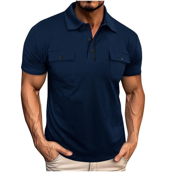 Men's Muscle Fit Short Sleeve Golf Shirts Collared Business Casual Tops Untucked 3 Button T-Shirt with Flap Pockets Stretch Fashion Summer Clothes Fathers Day