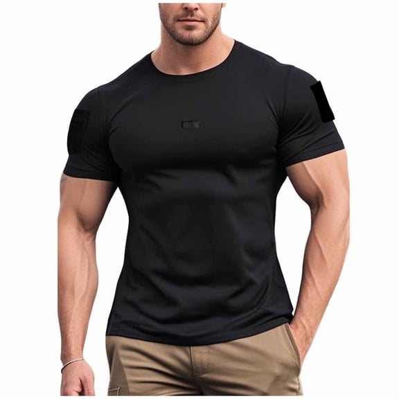 Men's Muscle Fit Short Sleeve T-Shirt Crew Neck Utility Performance Tee with Patch Panels & Glasses Loop, Summer Solid Color Breathable Quick Dry Workout Training Top