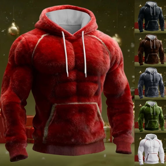 Men's Muscle Graphic Print Hoodie, Casual Long Sleeve Pullover Sweatshirt, Humorous Design Streetwear for Christmas, Gym, Party, and Casual Fun Outings,Red,L