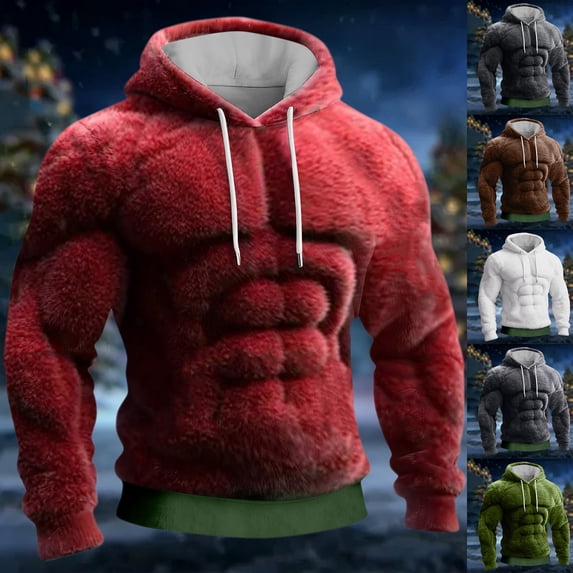 Men's Muscle Graphic Print Hoodie, Casual Long Sleeve Pullover Sweatshirt, Novelty Design Streetwear for Christmas Gift, Halloween, Party and Lounge Wear,Gray,M