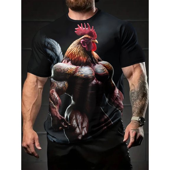 Men's Muscle Rooster Pattern T-Shirt - Bold Digital Print, Black Casual Short Sleeve Summer T-Shirt, Lightweight and Comfortable