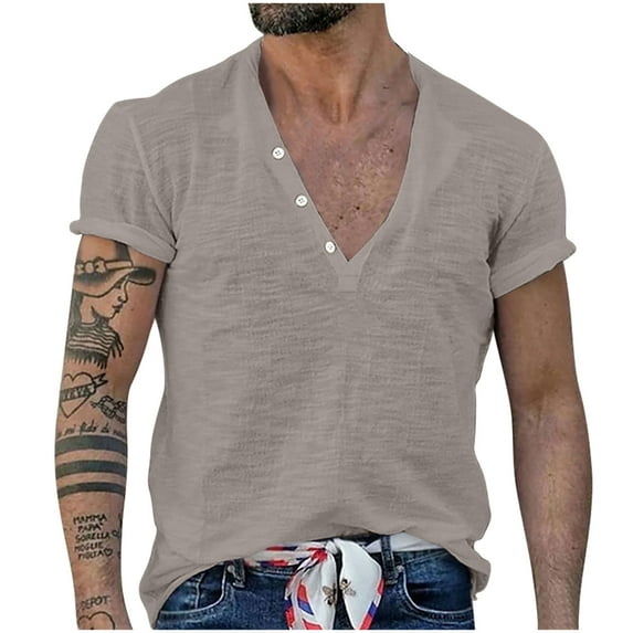 Men's Muscle Slim Henley Shirts Crewneck Longline T-Shirt Gym Workout Athletic Shirt Tees with Button