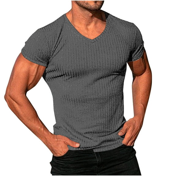 Men's Muscle T-Shirt Stretch Short Sleeve V Neck Bodybuilding Fitness T-Shirt Ribbed Top Shirt