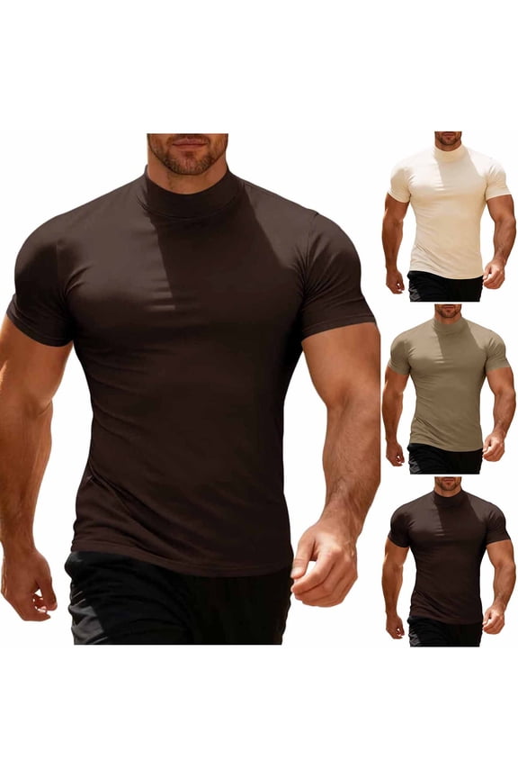 Men's Muscle T-Shirts Short Sleeve High Neck Workout Casual Gym Tops Slim Fitted Longline Basic Summer Tees