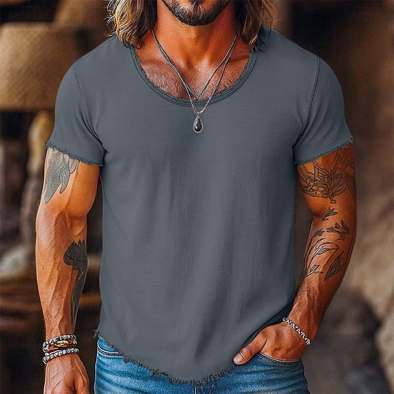 Men's Muscle T-Shirts Short Sleeve Wide Scoop Neck Hem Distressed Tees Slim Fit Gym Workout Athletic Tops Casual Summer Streetwear Basic Shirts