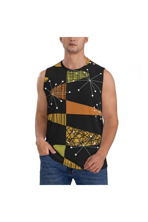Men's Muscle Tank Top Graphic Printed Sleeveless Workout Tee Shirt, Atomic Age Geometric Mid Century