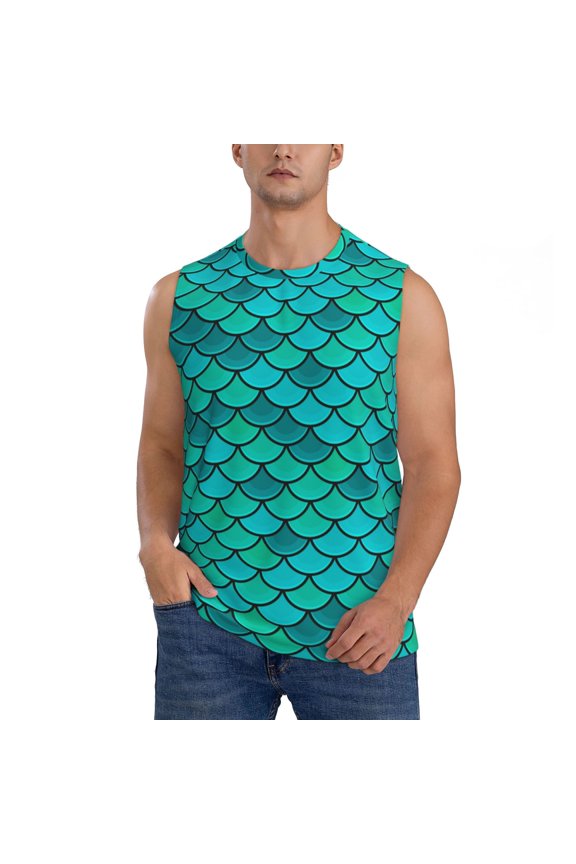 Men's Muscle Tank Top Graphic Printed Sleeveless Workout Tee Shirt, Fish Scales Blue Geometric