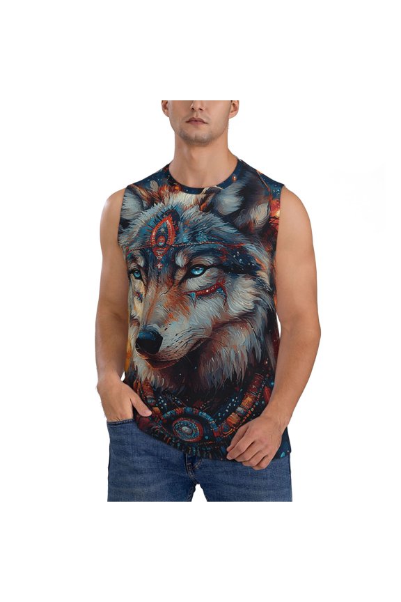 Men's Muscle Tank Top Graphic Printed Sleeveless Workout Tee Shirt, Native American Wolf Spirit Abstract
