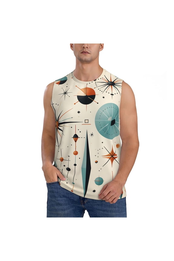 Men's Muscle Tank Top Graphic Printed Sleeveless Workout Tee Shirt, Star Retro Mid Century Vintage Atomic Art