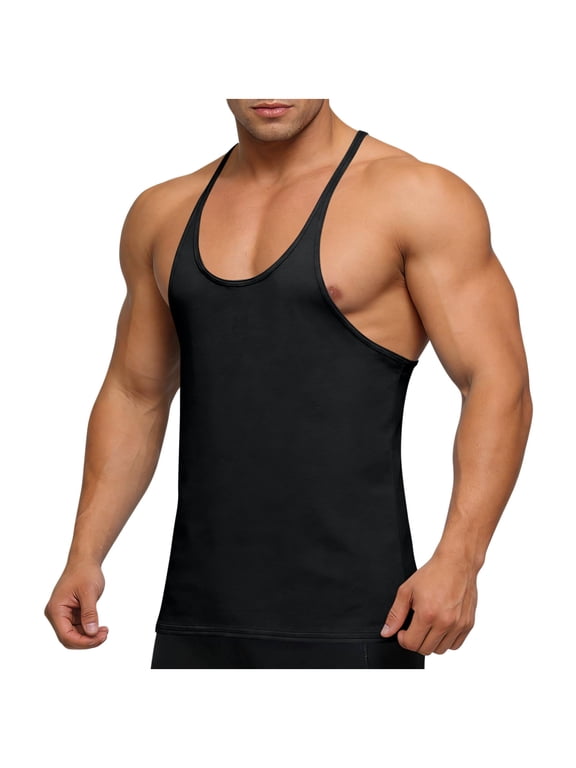Men's Muscle Tank Top Stringer Y-Back Bodybuilding Sleeveless Workout Shirt Deep Scoop Neck Racerback Low Cut Armhole Solid Color Weightlifting Top Stretch Training Athletic Gear