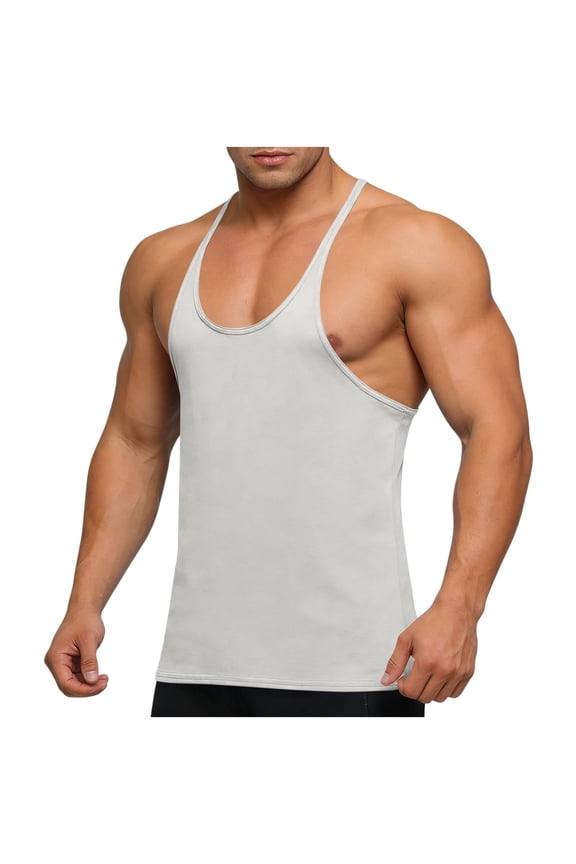 Men's Muscle Tank Top Stringer Y-Back Bodybuilding Sleeveless Workout Shirt Deep Scoop Neck Racerback Low Cut Armhole Solid Color Weightlifting Top Stretch Training Athletic Gear