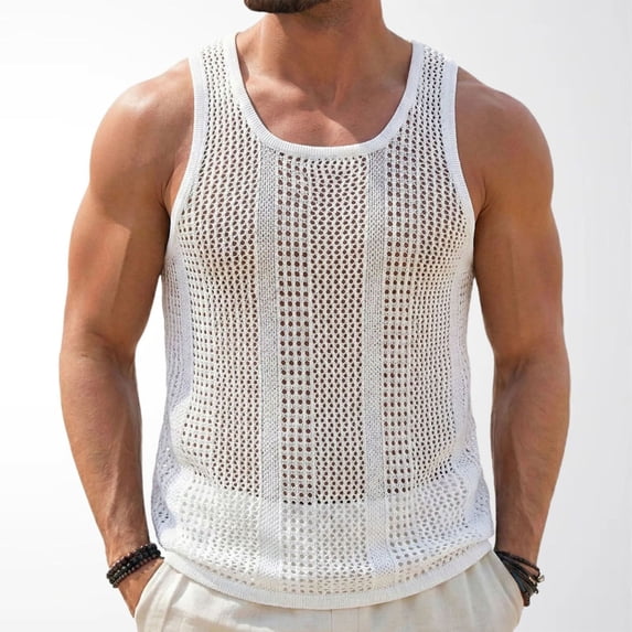 Men's Muscle Tank Tops Open-Knit Crochet Summer Beach Vacation Shirts Sleeveless Scoop Neck Lightweight Breathable Casual Hollow Out