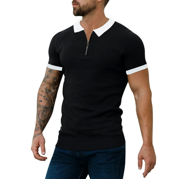 Men's Muscle Turn Down Collar Shirts Slim Fit Short Sleeve Color Block Golfs Zipper T Shirts Soft Tees