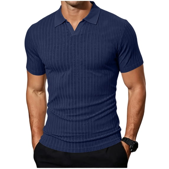 Men's Muscle V Neck Polo Shirts Slim Fit Short Sleeve Ribbed Shirt Casual Stylish Golf Workout Shirts