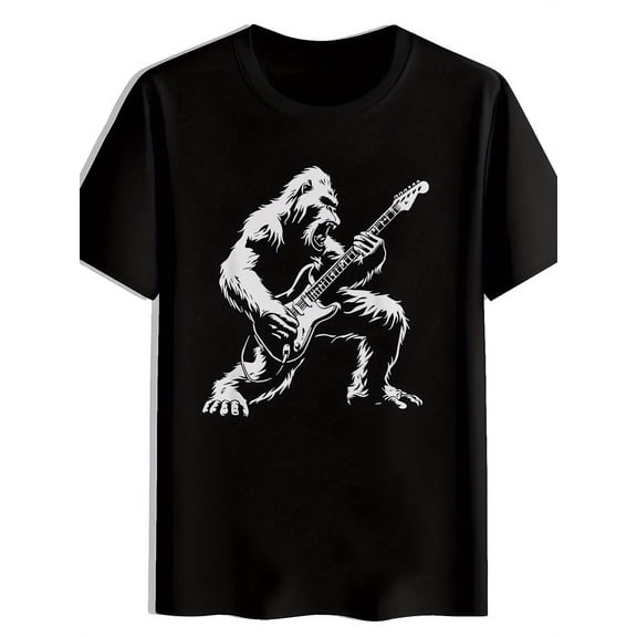 Men's Music Gorilla Playing Electric Guitar T-Shirt - Casual Short Sleeve Round Neck Tee with Digital Print, Loose Fit for all-Season, Casual Attire & Music Lovers (Black)