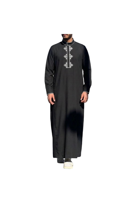 Men's Muslim Clothes with Long Sleeve Thobe Middle East Kaftan Saudi Arab Caftans Abaya Dress Dubai Robes with Embroidery Black