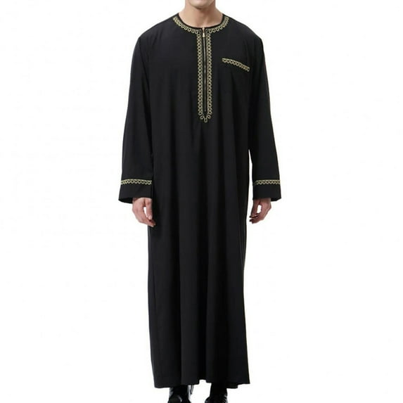 Men's Muslim Dresses Long Sleeve Solid Henley Shirts Kaftan Muslim Long Gown Robe for Men with Pocket Mens Long Shirt Fashion Casual Robe, Black&L