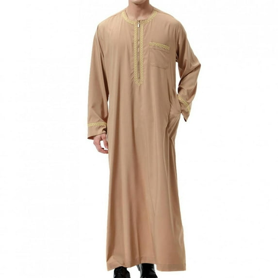 Men's Muslim Dresses Long Sleeve Solid Henley Shirts Kaftan Muslim Long Gown Robe for Men with Pocket Mens Long Shirt Fashion Casual Robe, Brown&S
