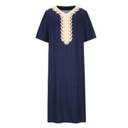 Mens Muslim Dresses V Neck Robes Striped Kaftan Middle East Saudi Arab Long Gown Thobe Robe for Men with Pockets