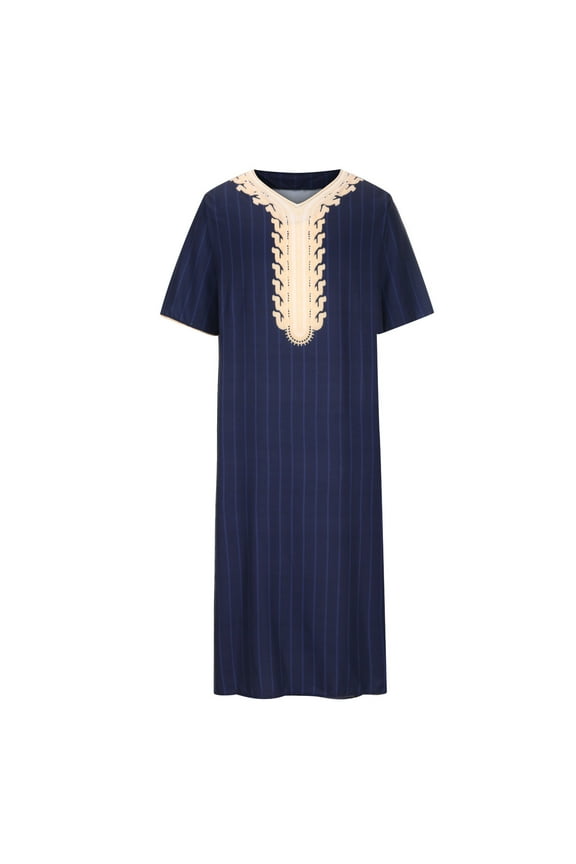 Men's Muslim Dresses V Neck Robes Striped Kaftan Middle East Saudi Arab Long Gown Thobe Robe for Men with Pockets