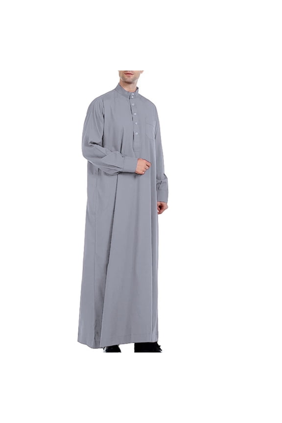 Men's Muslim Dresses with Pocket Long Sleeve Henley Shirts Kaftan Muslim Long Gown Thobe Robe for Men Big and Tall Size S-3XL Gray