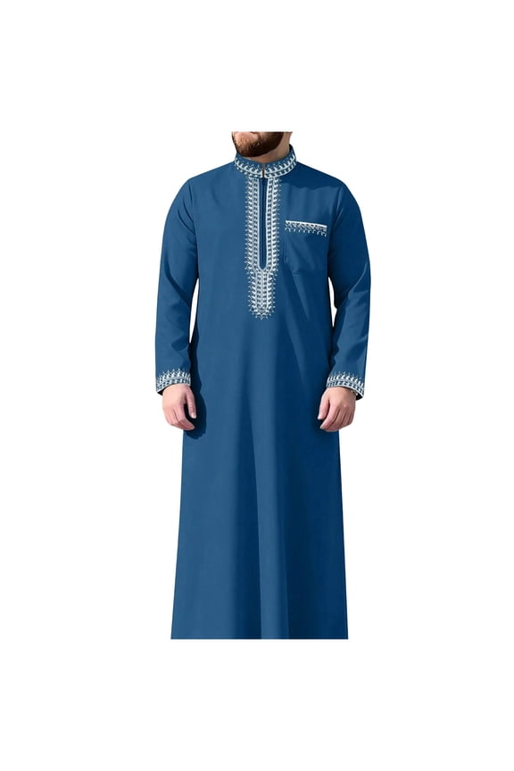 Men's Muslim Embroidery Moroccan Thobe Ethnic Dubai Long Gown Prayer Robe Islamic Jubba Kaftan Islamic Arabic Abaya