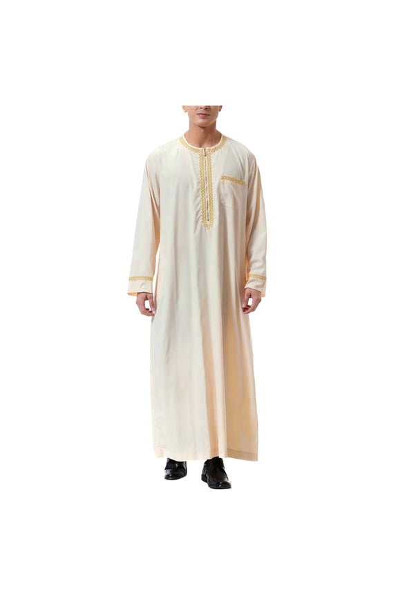 Men's Kaftan Thobe Saudi Arabic Middle East Robes Breathable Long Sleeve Clothing Ramadan Jubbah Sleepwear Summer Robes Solid
