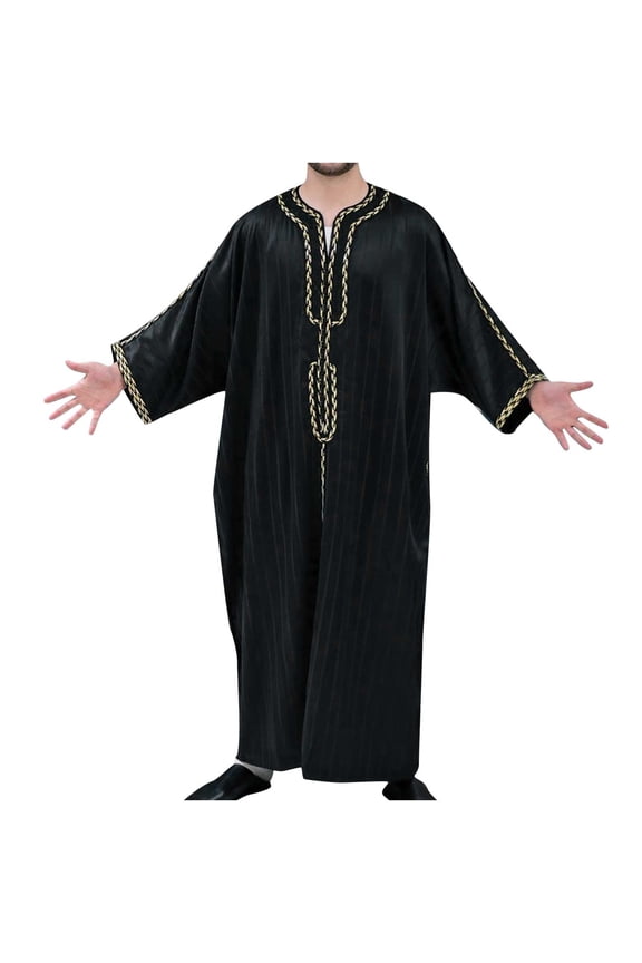 Men's Muslim Kaftan Thobe Short Sleeves Linen Robe Arabic Prayer Eid Clothes V Neck Long Night Gown Shirt Loungewear