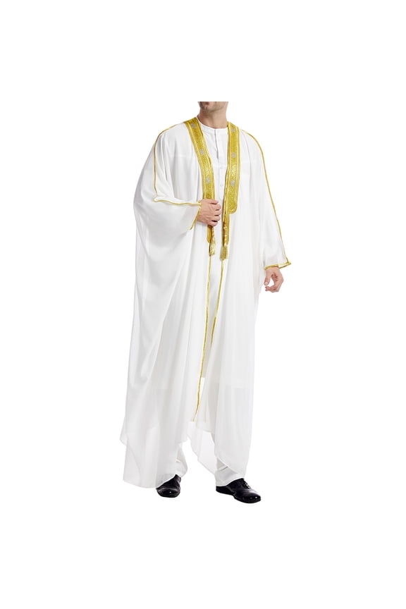 Men's Muslim Kimono Robe, Loose Long Sleeve Embroidered Chiffon Abaya, Casual formal Dubai Thobe Kaftan, Traditional Arabic Umrah Islamic Dress for Daily and Special Occasions White