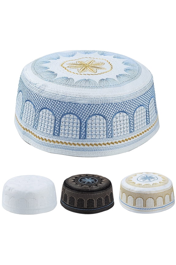 Men's Muslim Kufi Cap - Breathable Embroidered Skullcap with Geometric Patterns, Comfortable Prayer Hat for Daily & Religious Wear-Black