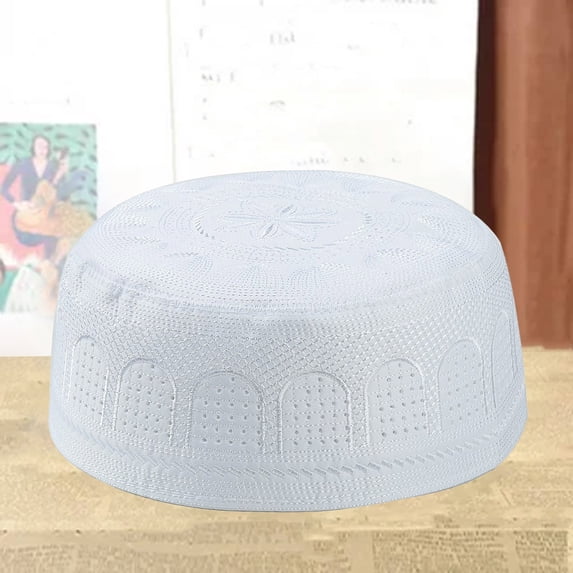 Men's Muslim Kufi Cap - Breathable Embroidered Skullcap with Geometric Patterns, Comfortable Prayer Hat for Daily & Religious Wear-White