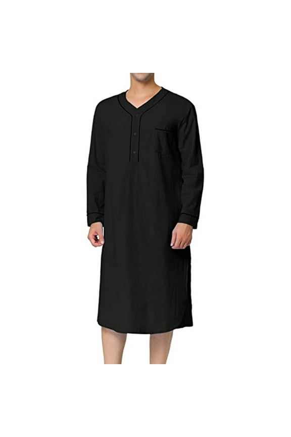 Men's Muslim Nightgown Long Sleeve Nightshirt Cotton Solid Color Knee Length Comfy Henley Sleep Shirt Loungwear with Pocket
