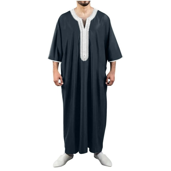 Men's Muslim Robe Arab Middle Robe Long Style Long Sleeve Embroidered Standing Neck Long Shirt Islamic Wear