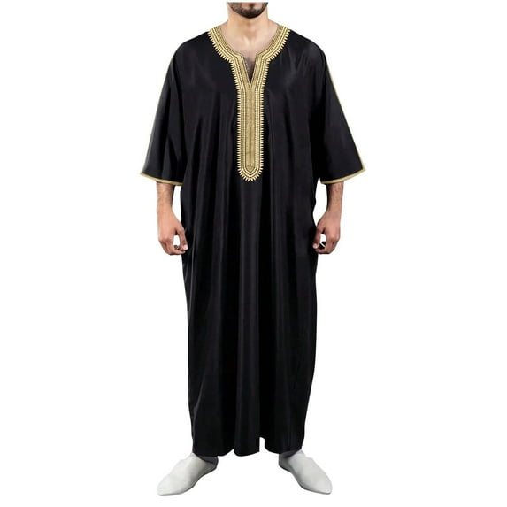 Men's Muslim Robe Arab Middle Robe Long Style Long Sleeve Embroidered Standing Neck Long Shirt Islamic Wear