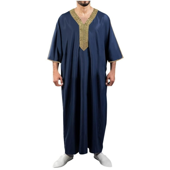 Men's Muslim Robe Arab Middle Robe Long Style Long Sleeve Embroidered Standing Neck Long Shirt Islamic Wear