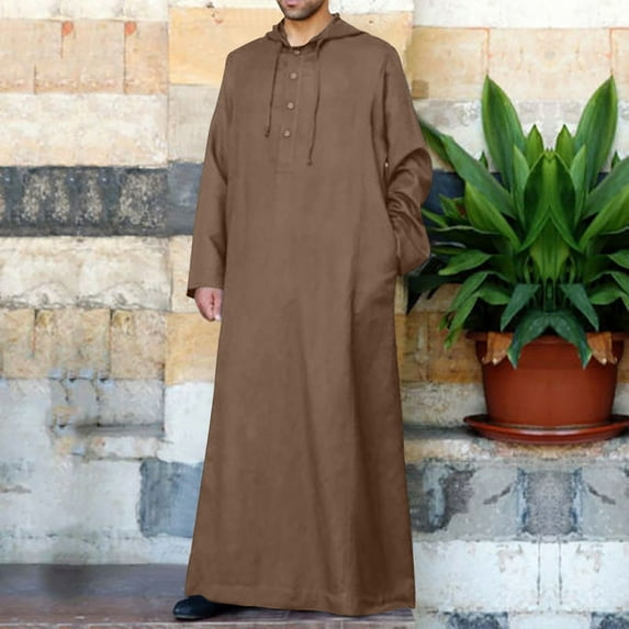 Men's Muslim Robe Set Arab Middle Robe Long Sleeve Hooded Button Casual Robe