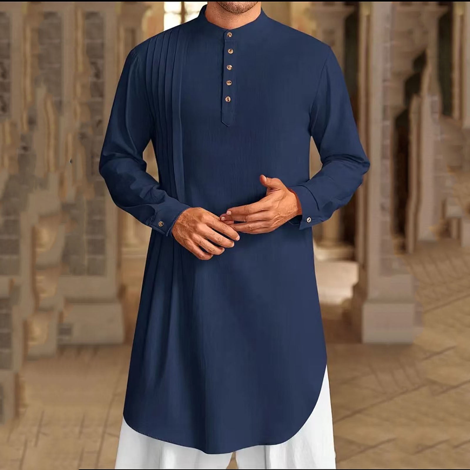 Men's Muslim Robe Set Arab Middle Robe Long Sleeve Standing Neck Pocket ...