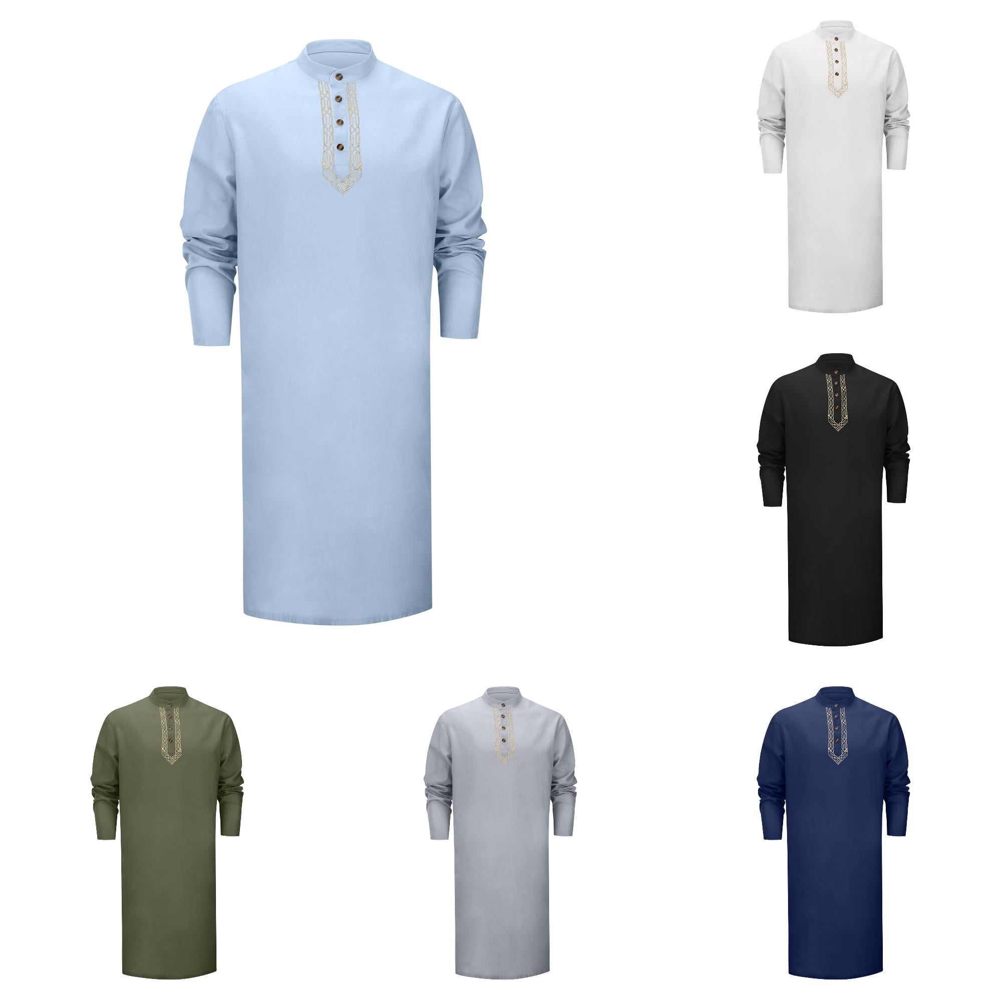 Prayer Robe Men's Muslim Thobe Embroidered Long Sleeve Button Down Robe Kaftan for ...