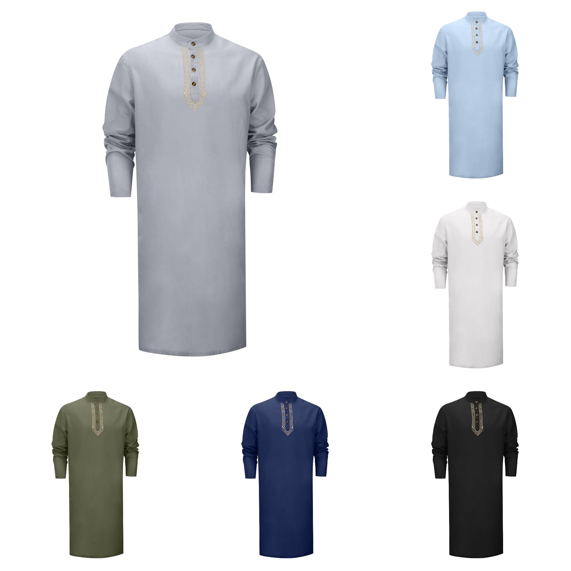 Thobe Robe Men's Muslim Thobe Embroidered Long Sleeve Button Down Robe Kaftan for ...