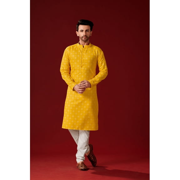 Men's Mustard Color Indian Traditional Wear Tunic Cotton Kurta Pajama Set