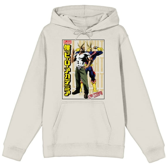 My Hero Academia: Season 1 All Might Normal & with Costume Kanji Title Logo Name Text on Sand Adult Hoodie-Large
