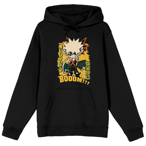 My Hero Academia: Season 1 Katsuki Bakugo chibi boom!!! font text logo vertical and kanji name on Black Adult Hoodie-XS