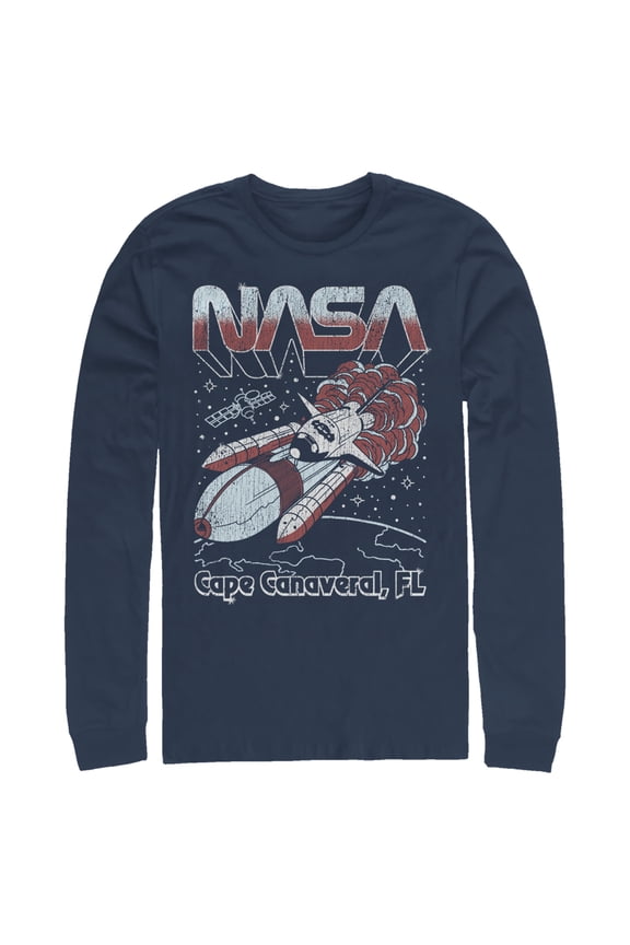 Men's NASA Cape Canaveral FL Blast Off Retro Long Sleeve Shirt Navy Blue 2X Large