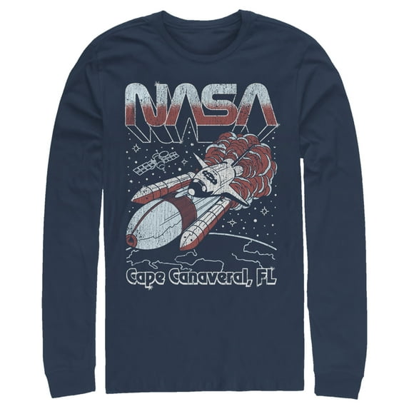 Men's NASA Cape Canaveral FL Blast Off Retro Long Sleeve Shirt Navy Blue Large
